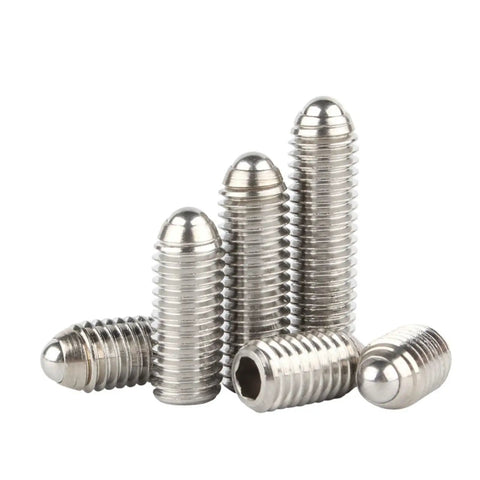 Heavy Duty 304 Stainless Steel Ball Plunger Set Screws Lock Moving Parts Dead Tight With Zero Slop High Grade Mechanical Hardware M3 To M12 Sizes displayed in a group.