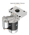 Beefy High Torque Mini Starter For Chevy Small Block Big Block V8 Engines Automatic And Manual Transmissions 153 Or 168 Tooth Ring Gear close-up of starter motor with gear OD.