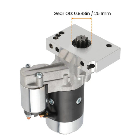 Beefy High Torque Mini Starter For Chevy Small Block Big Block V8 Engines Automatic And Manual Transmissions 153 Or 168 Tooth Ring Gear close-up of starter motor with gear OD.