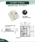 Damping hinge, white, with adjustable torque and torque adjustment screw; size 63.5×57.5 mm with mounting holes.