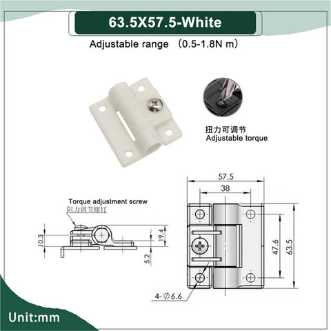 Damping hinge, white, with adjustable torque and torque adjustment screw; size 63.5×57.5 mm with mounting holes.