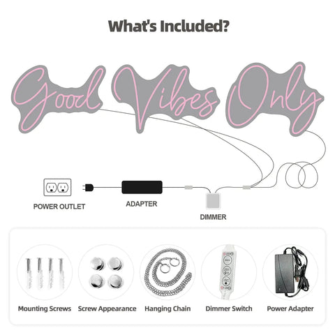 Diagram showing included accessories with the Pink Neon Sign With Dimmable LED Lights For Bedroom And Bar Decor Huge 56.57 Inch Wall Art That Sets Cozy Vibes For Home Parties Clubs And Nightlife Ambient Glow For Chill Vibes, featuring screws, hanging chain, dimmer switch, and power adapter.