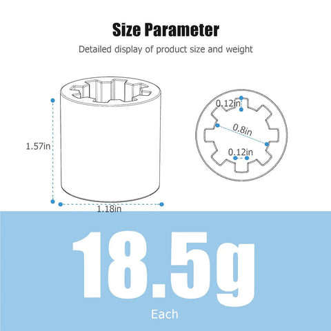 Illustration of 4 Pack Universal Screw Drive Coupler Replacement dimensions at 1.57x1.18in, weighing 18.5g each.