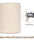 4mm Natural Cotton Macrame Rope Twisted 3-Strand Cord, 328 Yards for crafts, shown with caliper measuring 4mm diameter