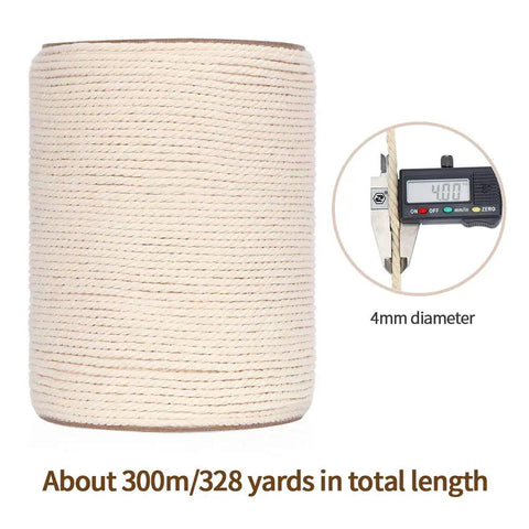 4mm Natural Cotton Macrame Rope Twisted 3-Strand Cord, 328 Yards for crafts, shown with caliper measuring 4mm diameter