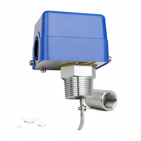 One Inch Stainless Steel Water Flow Switch With Five Paddles For Ethylene Glycol And HVAC Systems 145 PSI High Pressure Sensing Durable Leak Proof 1 Inch Plumbing Flow Detection For Tight Seals, blue cover