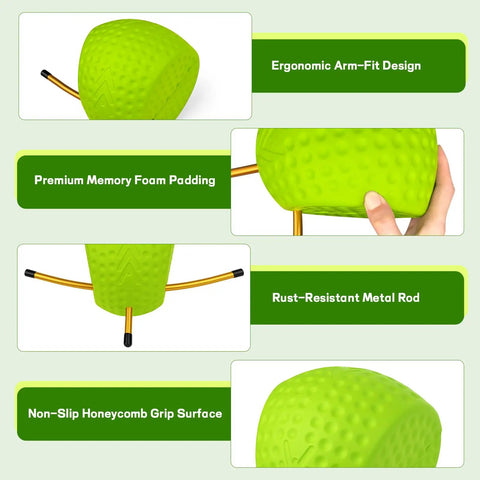 Golf Swing Trainer For Posture And Arm Position Correction On Green detailed with memory foam, ergonomic design, and metal rods.