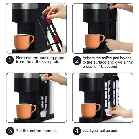 Step-by-step installation of side mount K Cup coffee pod holder for Keurig with 3M adhesive, showcasing use and easy install process.