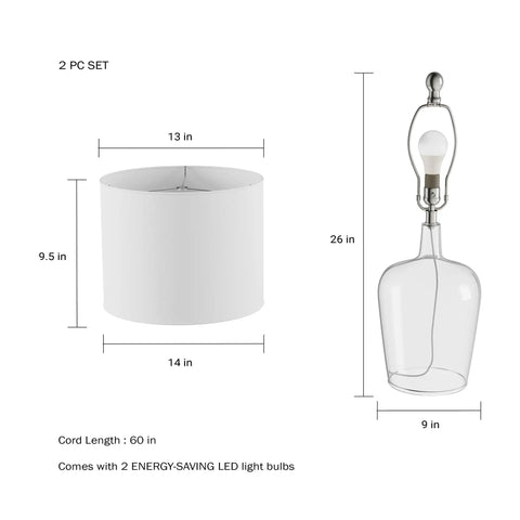 Dimensions of Glass Cloche Table Lamps Set of 2 Modern Farmhouse Accent Lights With Energy Efficient LED Bulbs. 14x13 inch shade, 26-inch lamp height.
