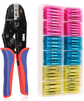 HKS crimping tool with 180-piece marine-grade heat-shrink butt connectors kit in pink, blue, and yellow.