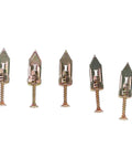 Five heavy duty drywall anchors with screws on white background, part of 40 Pack Heavy Duty Drywall Anchors With Screws Kit Self Drilling Knock Type For Hanging Frames Artwork Shelves And Decor Metal Expansion Bolts For Quick And Strong Mounts In Walls.