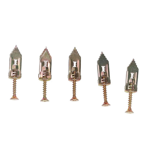 Five heavy duty drywall anchors with screws on white background, part of 40 Pack Heavy Duty Drywall Anchors With Screws Kit Self Drilling Knock Type For Hanging Frames Artwork Shelves And Decor Metal Expansion Bolts For Quick And Strong Mounts In Walls.