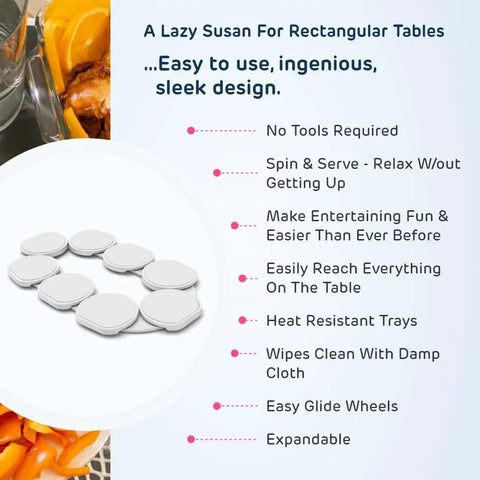 Expandable Lazy Susan Turntable For Rectangular Dining Tables Smooth Serving Tray with heat resistant surface and glide wheels.