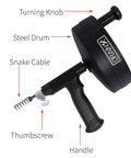 Pro Grade Heavy Duty 25 Foot Steel Drum Auger Drain Snake Kit With One Quarter Inch Cable For One And A Quarter To Three Inch Drains, Durable Steel Drum, Includes Work Gloves And Storage Bag, Not For Toilet Clogs, showing labeled parts