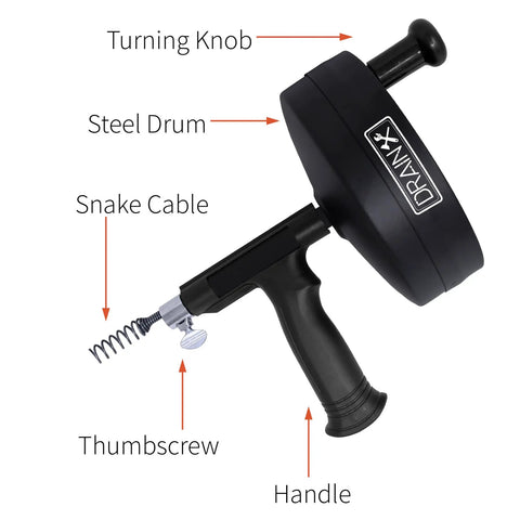 Pro Grade Heavy Duty 25 Foot Steel Drum Auger Drain Snake Kit With One Quarter Inch Cable For One And A Quarter To Three Inch Drains, Durable Steel Drum, Includes Work Gloves And Storage Bag, Not For Toilet Clogs, showing labeled parts
