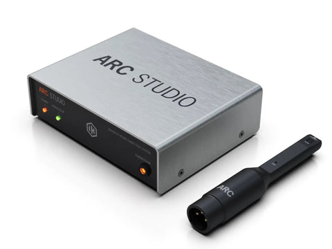 ARC Studio Room Correction System With High Precision Microphone, Pro Grade Calibration Software, And Standalone Processor For Pro Audio And Killer Studio Listening shown with mic and processor.