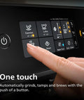 Close-up of 1200 Series Fully Automatic Espresso Machine With Classic Milk Frother Ceramic Grinder AquaClean Filter Aroma Seal And Intuitive Touch Display Two Coffee Varieties Black showing touch display functionality.