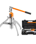 Front view of VEVOR hydraulic gear puller with orange handle and silver jaws; 12-inch jaw in case