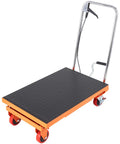 Heavy Duty Hydraulic Lift Table Cart With 500 Pound Capacity And 28.5 Inch Max Rise, featuring a durable diamond plate surface and caster wheels.