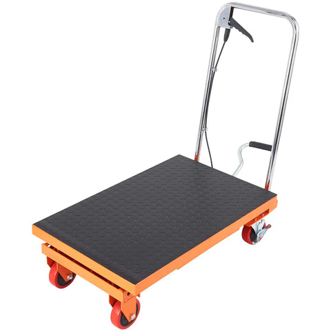 Heavy Duty Hydraulic Lift Table Cart With 500 Pound Capacity And 28.5 Inch Max Rise, featuring a durable diamond plate surface and caster wheels.