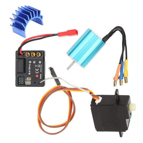 Smooth Operator Brushless Motor Esc Servo Combo With Upgraded Cooling System For Radio Control Cars shows brushless motor, ESC, and servo components.