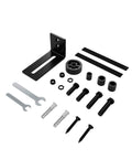 Sliding Barn Door Floor Guide With Adjustable Stay Roller For All Door Sizes Wall Mount Hardware Kit in black steel, shown uninstalled.