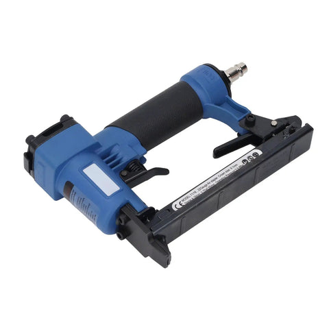 Lightweight Pneumatic Brad Nailer 22 Gauge Air Nail Gun Featuring Durable Aluminum Body And Soft Touch Grip For Straight Shot Woodworking And Furniture Repair Without Breaking A Sweat, side view.