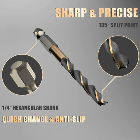 Pro Grade Hex Shank Cobalt Metric Drill Bit Set Featuring High Speed Steel Quick Change Design For Drilling Metal Wood And Aluminum Alloy Badass Durability No Sweat Setup, 135° split point design.