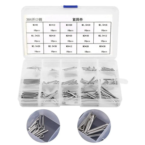 Stainless Steel Split Cotter Pins Kit, 150 Pcs In 15 Kinds, 304 Grade Pins organized in plastic case with size chart visible