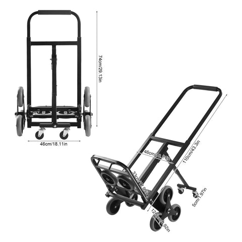 Foldable Hand Truck With Triangular Three Wheel Design For Heavy Duty Lifts Up To 550 Lbs Dual Purpose Cart For Flat Surfaces And Stairs Large Carry Base 12.99 By 15.55 Inches Easy Fold Rugged Utility Dolly, black steel frame with 3-wheel stair setup