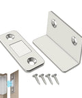 Ultra Thin Magnetic Door Catch 2 Pack No Drill Self Adhesive Invisible Cabinet Latch with screws and magnetic effect illustration.