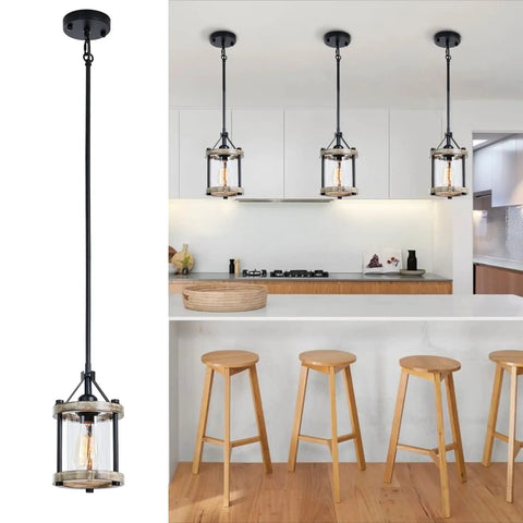 Farmhouse Rustic Pendant Light With Wood And Metal Cage Glass Shade, 43 Inch Adjustable Hanging Light For Kitchen Island Foyer And Hallway, On Point For Flat Or Sloped Ceilings, 2 Pack