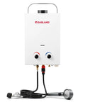 Portable Propane Tankless Water Heater For RV And Camping, 1.58 GPM, 6L, 41,000 BTU Per Hour, front view with control knobs