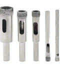 Diamond Drill Bit Set For Glass Marble Ceramic And Granite, 5 Piece Kit Ranging From 5/32 Inch To 1/2 Inch Displayed