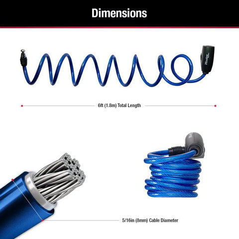 Bike Lock Cable Set With Keys 3 Pack Keyed Alike 6 Ft Long Braided Steel Cables in Blue showing dimensions and details