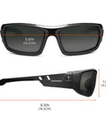 Skullerz Odin Polarized Safety Sunglasses Black Frame Smoke Lens dimensions illustrated front and side view