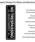 No Trespassing Private Property Sign 2 Pack 12 By 3 Inches Aluminum Signs For Home And Biz Rust Free Reflective Signage Built To Endure Sun Rain And Extreme Weather For Years, elegant design in black with white text showing details like pre-drilled holes and reflective sheeting, suitable for home and business