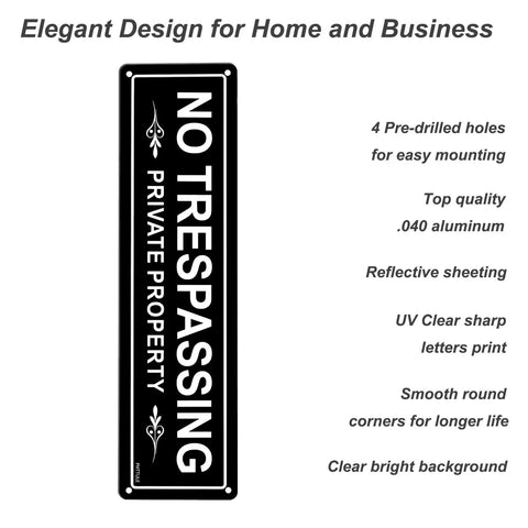 No Trespassing Private Property Sign 2 Pack 12 By 3 Inches Aluminum Signs For Home And Biz Rust Free Reflective Signage Built To Endure Sun Rain And Extreme Weather For Years, elegant design in black with white text showing details like pre-drilled holes and reflective sheeting, suitable for home and business