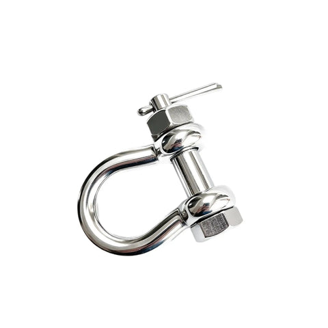 Heavy Duty Marine Grade Bow Shackles Built Tough From 316 Stainless Steel For Real Saltwater Resistance And Hard Core Boat Rigging Gear 3/8 Inch 2 Pack close-up of stainless steel bow shackle with safety pin