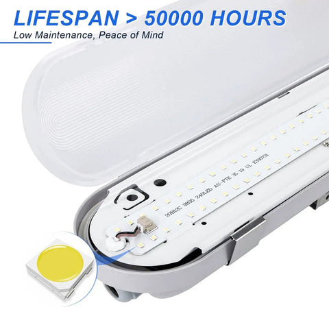 Open view of Rugged Four Foot Vapor Tight Shop Light With 40W 50W 60W Selectable Power And 3000K To 5000K Tunable CCT IP66 Waterproof