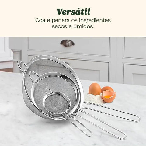 Three Piece Stainless Steel Mesh Strainer Set With Fine Mesh For Sifting, Straining, And Draining In The Kitchen