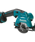 Cordless 12V Max Circular Saw Kit with Three-Eighths Inch Blade, 1500 RPM, one-inch depth at 90 degrees, bevel cuts, tilting base