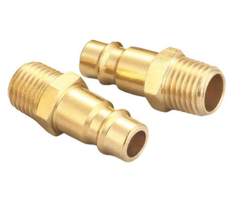 Angled view of two solid brass quick-connect air fittings with 1/4 in NPT male threads