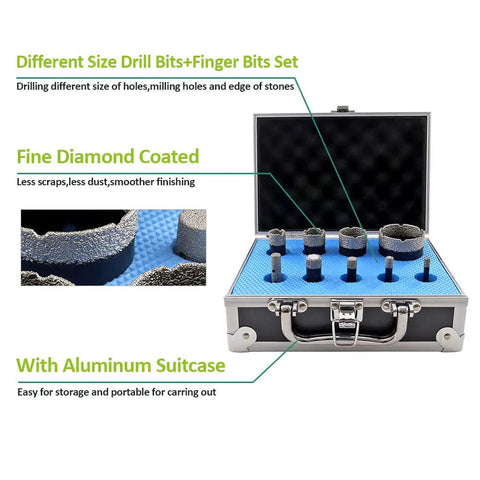 Diamond Core Drill Bits Set 6/8/10/16/19/25/32/51mm Hole Saw Kit With 10mm Diamond Finger Milling Bit 9 Piece in a silver case