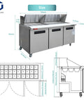 72 Inch Commercial Refrigerator Top Shelf Cold Prep Table for Sandwiches and Salads Fits Thirty Half Size Pans with dimensions visible.