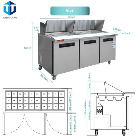 72 Inch Commercial Refrigerator Top Shelf Cold Prep Table for Sandwiches and Salads Fits Thirty Half Size Pans with dimensions visible.