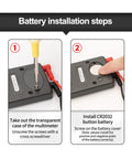 Battery installation steps for Auto Ranging Digital Multimeter With NCV Contact Tester showing screwdriver and battery placement.