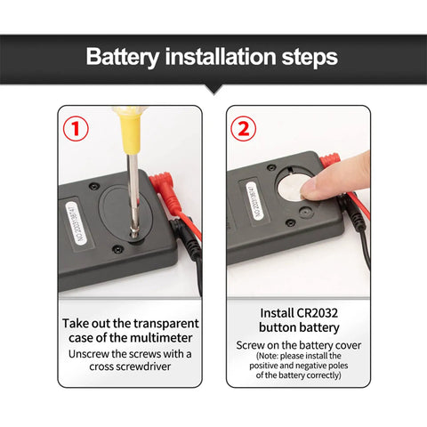 Battery installation steps for Auto Ranging Digital Multimeter With NCV Contact Tester showing screwdriver and battery placement.