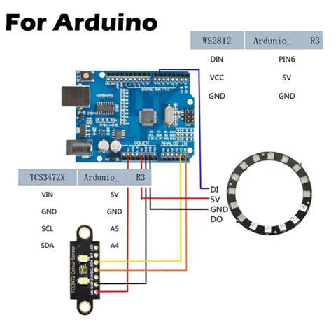 Wiring diagram for 5 Pack TCS3472 RGB Color Sensor Module with IR Filter I2C Interface for Arduino and STM32 development board.