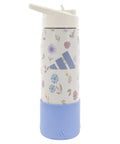 Double Wall Vacuum Insulated Metal Water Bottle With Secure Straw Lid Keeps Drinks Ice Cold Through The Daily Grind And On The Go Hustles For Gym Goers And Office Crews with floral design and blue base.